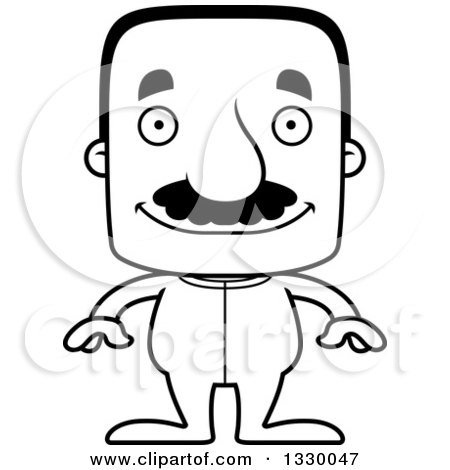 Lineart Clipart of a Cartoon Black and White Happy Block Headed Hispanic Man with a Mustache, Wearing Pajamas - Royalty Free Outline Vector Illustration by Cory Thoman