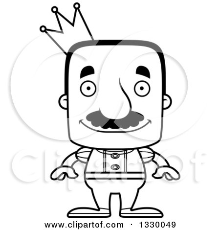 Lineart Clipart of a Cartoon Black and White Happy Block Headed Hispanic Prince Man with a Mustache - Royalty Free Outline Vector Illustration by Cory Thoman