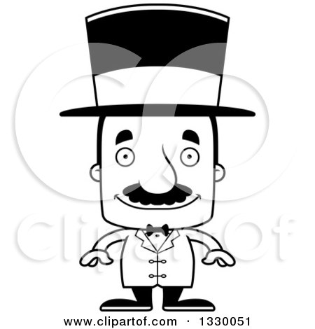 Lineart Clipart of a Cartoon Black and White Happy Block Headed Hispanic Circus Ringmaster Man with a Mustache - Royalty Free Outline Vector Illustration by Cory Thoman