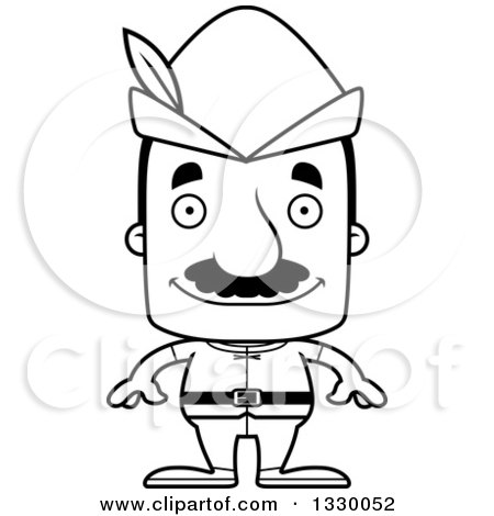 Lineart Clipart of a Cartoon Black and White Happy Block Headed Hispanic Robin Hood Man with a Mustache - Royalty Free Outline Vector Illustration by Cory Thoman