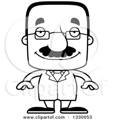 Lineart Clipart of a Cartoon Black and White Happy Block Headed Hispanic Scientist Man with a Mustache - Royalty Free Outline Vector Illustration by Cory Thoman