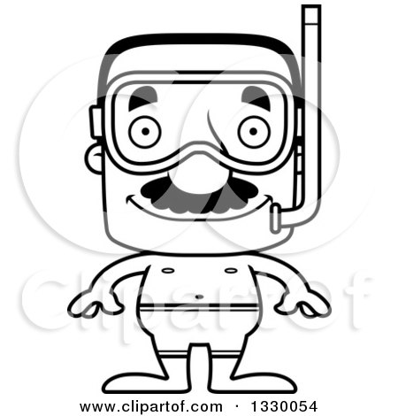 Lineart Clipart of a Cartoon Black and White Happy Block Headed Hispanic Snorkel Man with a Mustache - Royalty Free Outline Vector Illustration by Cory Thoman
