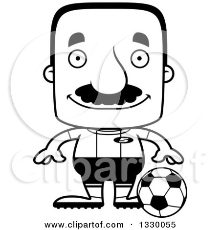 Lineart Clipart of a Cartoon Black and White Happy Block Headed Hispanic Soccer Player Man with a Mustache - Royalty Free Outline Vector Illustration by Cory Thoman