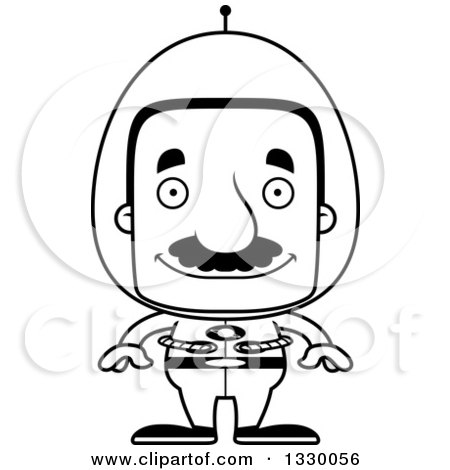 Lineart Clipart of a Cartoon Black and White Happy Block Headed Futuristic Hispanic Space Man with a Mustache - Royalty Free Outline Vector Illustration by Cory Thoman