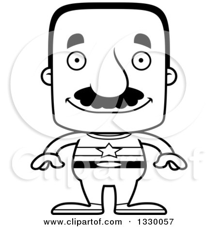 Lineart Clipart of a Cartoon Black and White Happy Block Headed Hispanic Super Man with a Mustache - Royalty Free Outline Vector Illustration by Cory Thoman