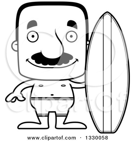 Lineart Clipart of a Cartoon Black and White Happy Block Headed Hispanic Surfer Man with a Mustache - Royalty Free Outline Vector Illustration by Cory Thoman