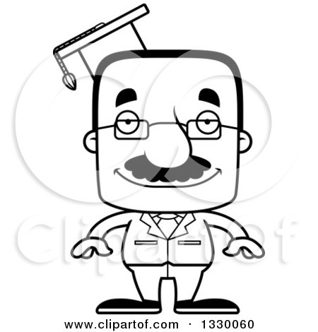 Lineart Clipart of a Cartoon Black and White Happy Block Headed Hispanic Professor Man with a Mustache - Royalty Free Outline Vector Illustration by Cory Thoman
