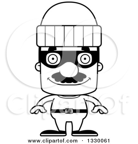 Lineart Clipart of a Cartoon Black and White Happy Block Headed Hispanic Robber Man with a Mustache - Royalty Free Outline Vector Illustration by Cory Thoman