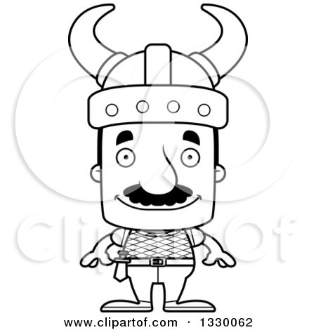 Lineart Clipart of a Cartoon Black and White Happy Block Headed Hispanic Viking Man with a Mustache - Royalty Free Outline Vector Illustration by Cory Thoman