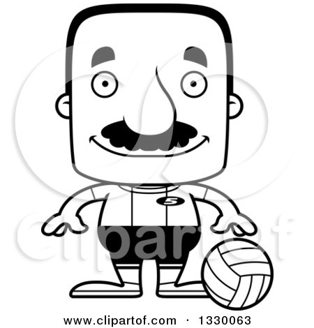Lineart Clipart of a Cartoon Black and White Happy Block Headed Hispanic Volleyball Player Man with a Mustache - Royalty Free Outline Vector Illustration by Cory Thoman