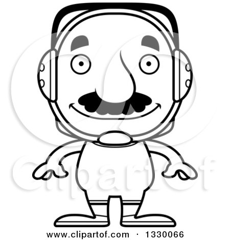 Lineart Clipart of a Cartoon Black and White Happy Block Headed Hispanic Wrestler Man with a Mustache - Royalty Free Outline Vector Illustration by Cory Thoman