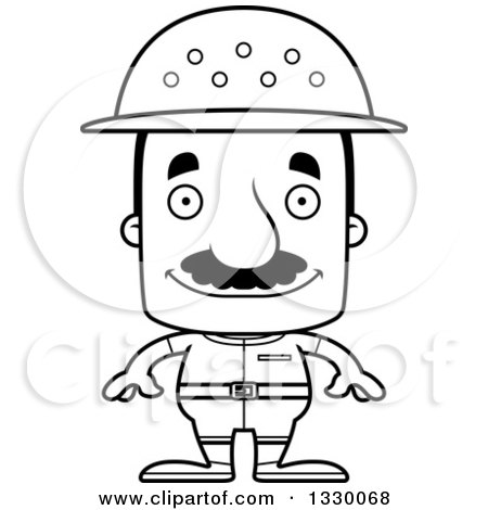 Lineart Clipart of a Cartoon Black and White Happy Block Headed Hispanic Zookeeper Man with a Mustache - Royalty Free Outline Vector Illustration by Cory Thoman