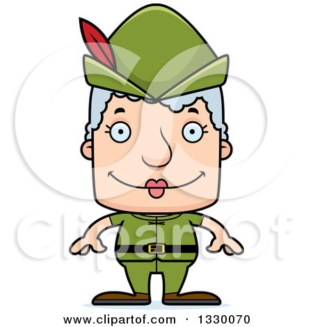 Clipart of a Cartoon Happy Block Headed White Robin Hood Senior Woman - Royalty Free Vector Illustration by Cory Thoman