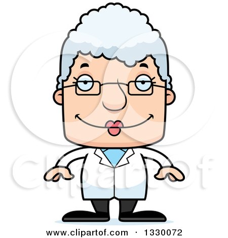 Clipart of a Cartoon Happy Block Headed White Senior Woman Scientist - Royalty Free Vector Illustration by Cory Thoman