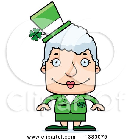 Clipart of a Cartoon Happy Block Headed White Irish St Patricks Day Senior Woman - Royalty Free Vector Illustration by Cory Thoman