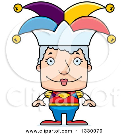 Clipart of a Cartoon Happy Block Headed White Senior Woman Jester - Royalty Free Vector Illustration by Cory Thoman