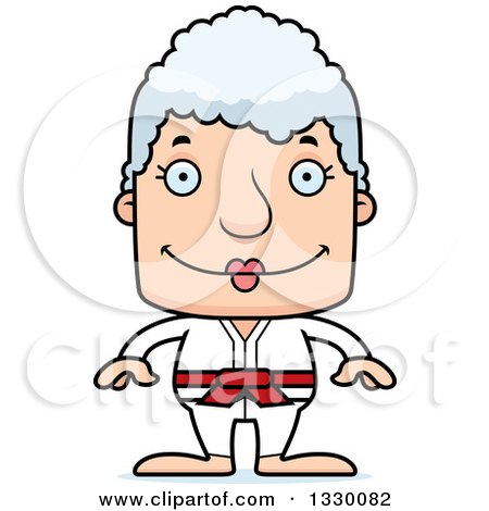 Clipart of a Cartoon Happy Block Headed White Senior Karate Woman - Royalty Free Vector Illustration by Cory Thoman
