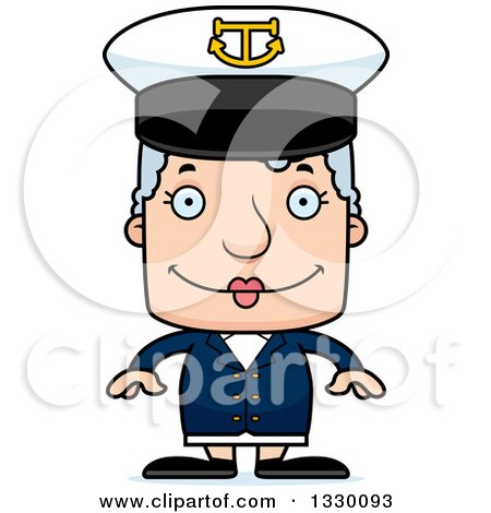 Clipart of a Cartoon Happy Block Headed White Senior Woman Boat Captain - Royalty Free Vector Illustration by Cory Thoman