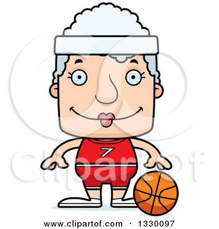 Clipart of a Cartoon Happy Block Headed White Senior Woman Basketball Player - Royalty Free Vector Illustration by Cory Thoman
