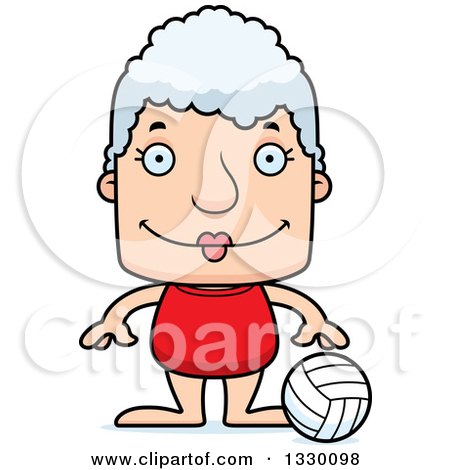 Clipart of a Cartoon Happy Block Headed White Senior Woman Beach Volleyball Player - Royalty Free Vector Illustration by Cory Thoman
