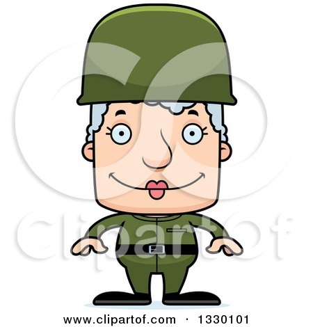 Clipart of a Cartoon Happy Block Headed White Senior Woman Soldier - Royalty Free Vector Illustration by Cory Thoman