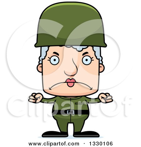 Clipart of a Cartoon Mad Block Headed White Senior Woman Soldier - Royalty Free Vector Illustration by Cory Thoman