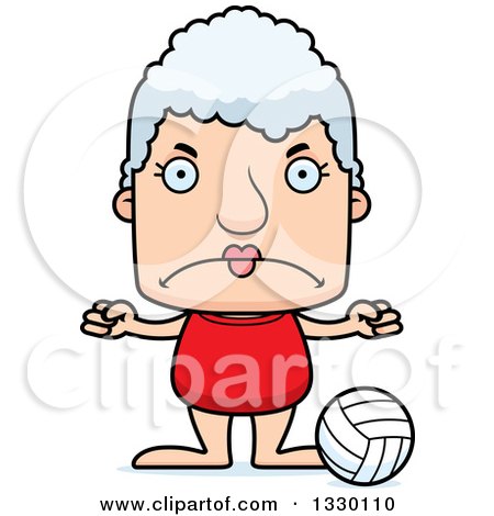 Clipart of a Cartoon Mad Block Headed White Senior Woman Beach Volleyball Player - Royalty Free Vector Illustration by Cory Thoman