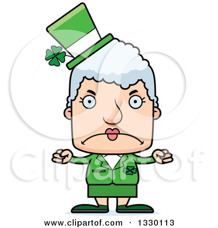 Clipart of a Cartoon Mad Block Headed White Irish St Patricks Day Senior Woman - Royalty Free Vector Illustration by Cory Thoman