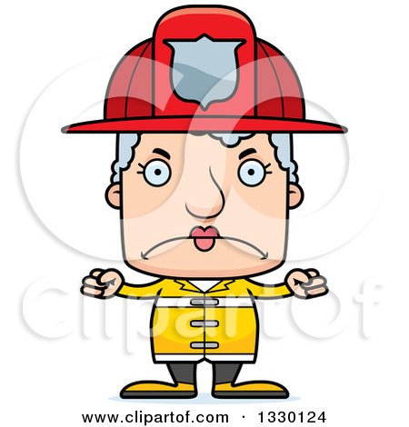 Clipart of a Cartoon Mad Block Headed White Senior Woman Firefighter - Royalty Free Vector Illustration by Cory Thoman