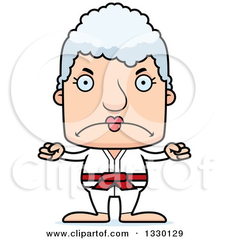 Clipart of a Cartoon Mad Block Headed White Senior Karate Woman - Royalty Free Vector Illustration by Cory Thoman