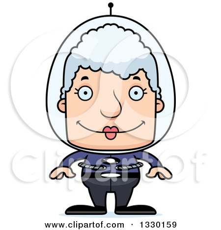 Clipart of a Cartoon Happy Block Headed Futuristic Space White Senior Woman - Royalty Free Vector Illustration by Cory Thoman