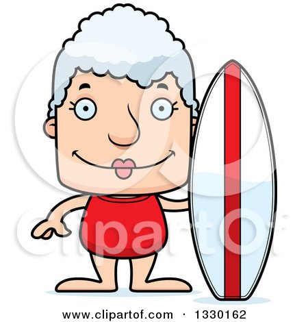 Clipart of a Cartoon Happy Block Headed White Senior Woman Surfer - Royalty Free Vector Illustration by Cory Thoman