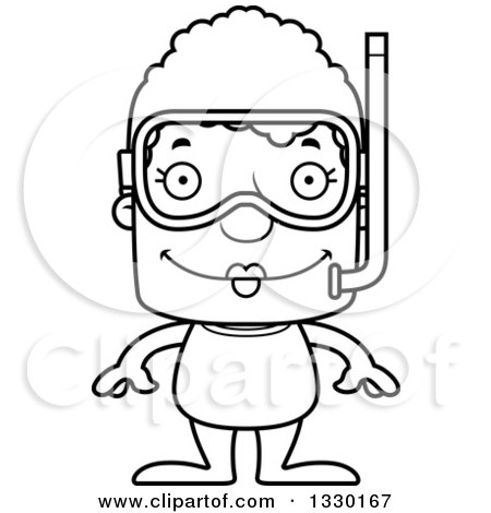Lineart Clipart of a Cartoon Black and White Happy Block Headed White Senior Woman in Snorkel Gear - Royalty Free Outline Vector Illustration by Cory Thoman