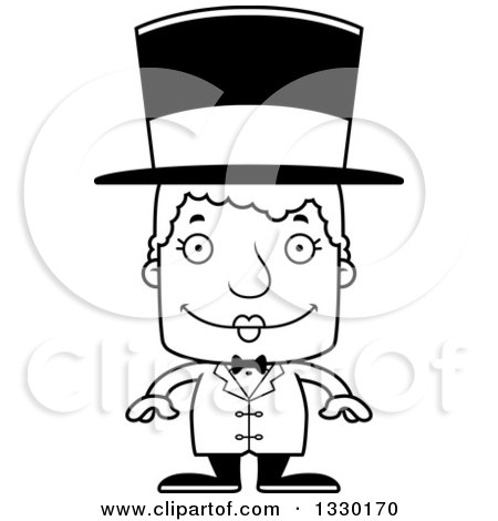 Lineart Clipart of a Cartoon Black and White Happy Block Headed White Senior Woman Circus Ringmaster - Royalty Free Outline Vector Illustration by Cory Thoman