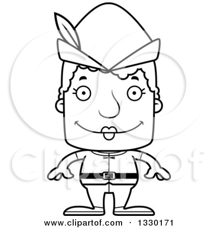Lineart Clipart of a Cartoon Black and White Happy Block Headed White Robin Hood Senior Woman - Royalty Free Outline Vector Illustration by Cory Thoman
