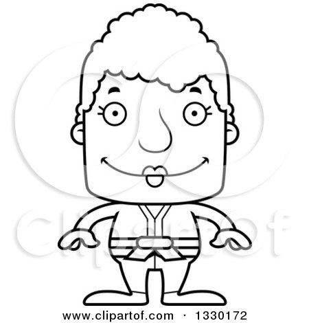 Lineart Clipart of a Cartoon Black and White Happy Block Headed White Senior Karate Woman - Royalty Free Outline Vector Illustration by Cory Thoman