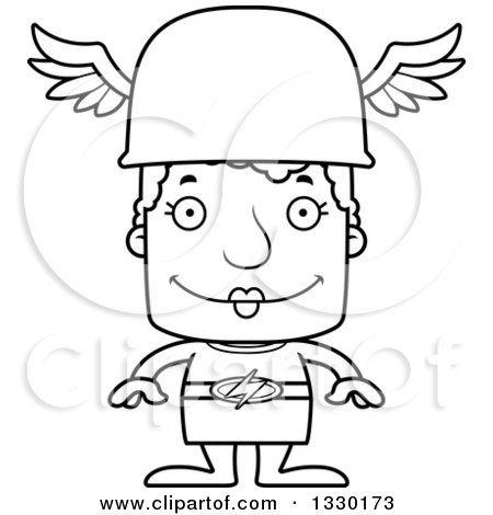 Lineart Clipart of a Cartoon Black and White Happy Block Headed White Senior Woman Hermes - Royalty Free Outline Vector Illustration by Cory Thoman