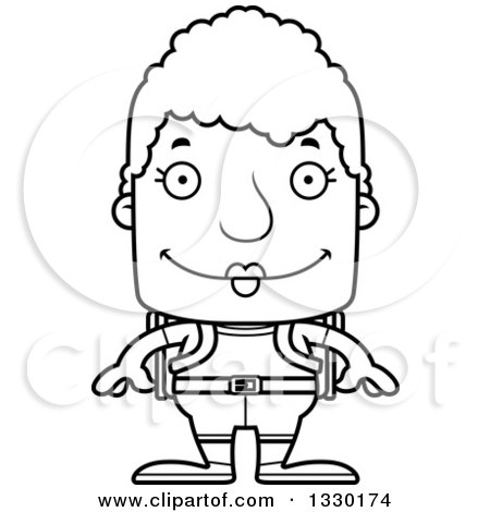 Lineart Clipart of a Cartoon Black and White Happy Block Headed White Senior Woman Hiker - Royalty Free Outline Vector Illustration by Cory Thoman