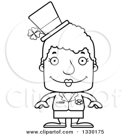 Lineart Clipart of a Cartoon Black and White Happy Block Headed White Irish St Patricks Day Senior Woman - Royalty Free Outline Vector Illustration by Cory Thoman