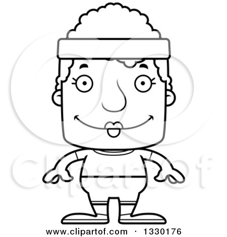 Lineart Clipart of a Cartoon Black and White Happy Block Headed Fit White Senior Woman - Royalty Free Outline Vector Illustration by Cory Thoman