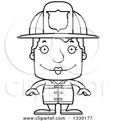 Lineart Clipart of a Cartoon Black and White Happy Block Headed White Senior Woman Firefighter - Royalty Free Outline Vector Illustration by Cory Thoman
