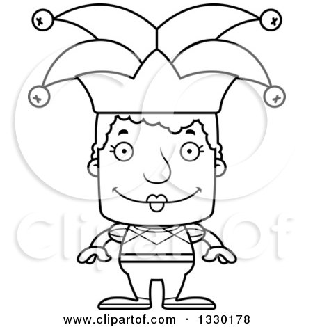 Lineart Clipart of a Cartoon Black and White Happy Block Headed White Senior Woman Jester - Royalty Free Outline Vector Illustration by Cory Thoman