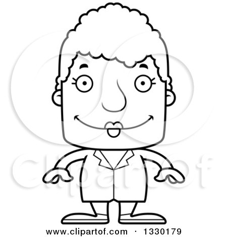 Lineart Clipart of a Cartoon Black and White Happy Block Headed White Senior Woman Doctor - Royalty Free Outline Vector Illustration by Cory Thoman
