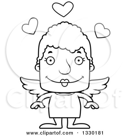 Lineart Clipart of a Cartoon Black and White Happy Block Headed White Senior Woman Cupid - Royalty Free Outline Vector Illustration by Cory Thoman