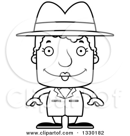 Lineart Clipart of a Cartoon Black and White Happy Block Headed White Senior Woman Detective - Royalty Free Outline Vector Illustration by Cory Thoman