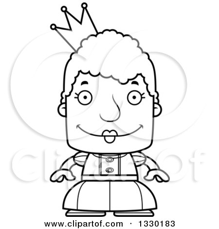 Lineart Clipart of a Cartoon Black and White Happy Block Headed White Senior Woman Princess or Queen - Royalty Free Outline Vector Illustration by Cory Thoman