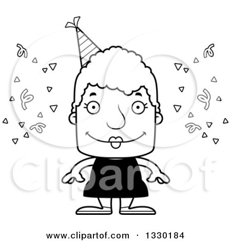 Lineart Clipart of a Cartoon Black and White Happy Block Headed White Party Senior Woman - Royalty Free Outline Vector Illustration by Cory Thoman