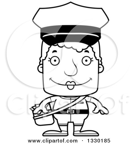Lineart Clipart of a Cartoon Black and White Happy Block Headed White Senior Mail Woman - Royalty Free Outline Vector Illustration by Cory Thoman