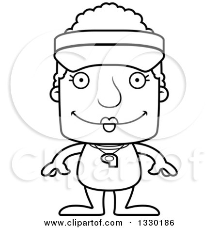 Lineart Clipart of a Cartoon Black and White Happy Block Headed White Senior Woman Lifeguard - Royalty Free Outline Vector Illustration by Cory Thoman
