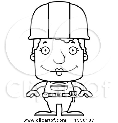 Lineart Clipart of a Cartoon Black and White Happy Block Headed White Senior Woman Construction Worker - Royalty Free Outline Vector Illustration by Cory Thoman